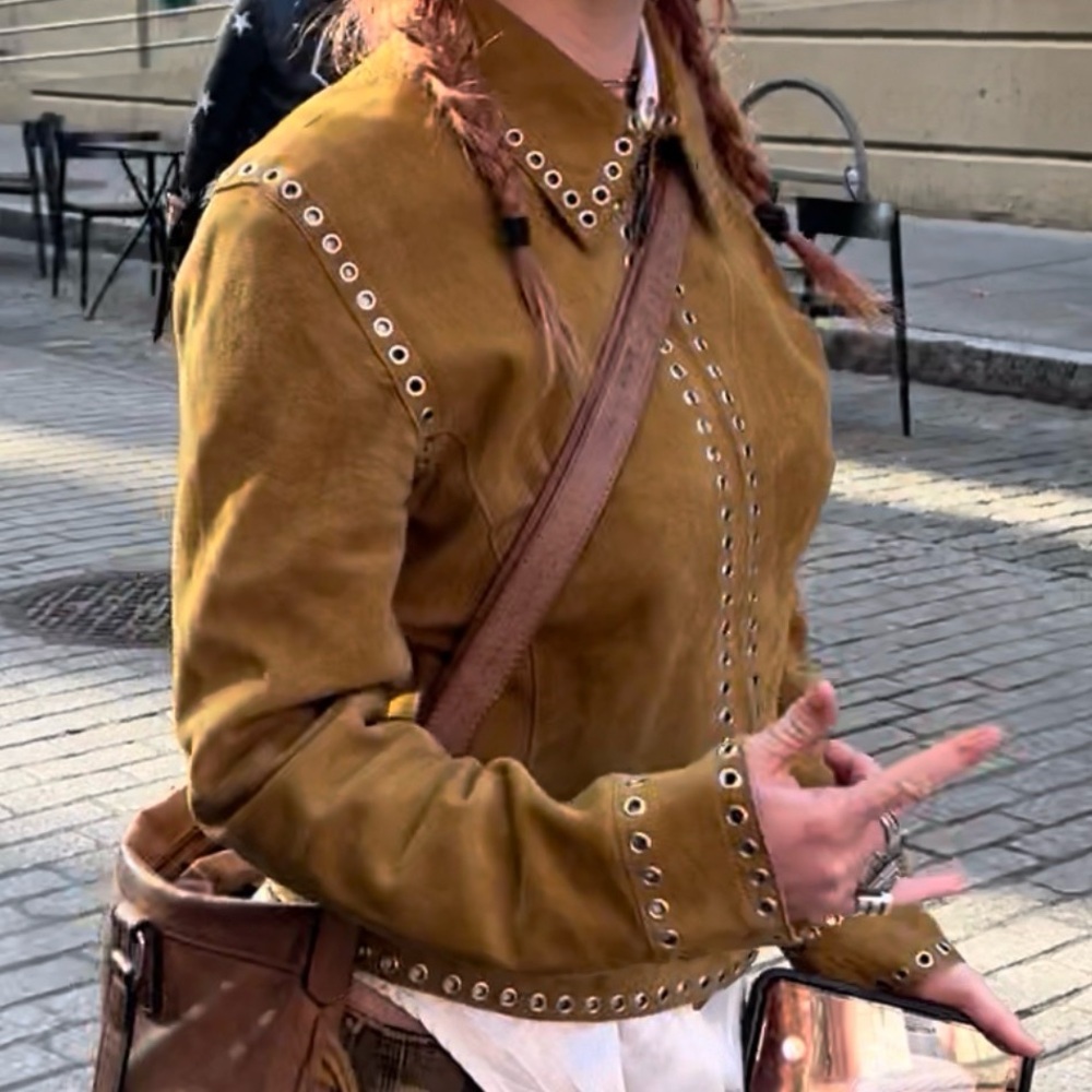 70s Grommet Studded Tan Suede Jacket